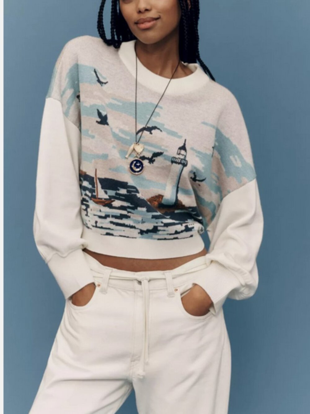 Anthropologie Maeve Nautical Scene Sweater Coastal Lighthouse Seagulls L NWT - Picture 4 of 7